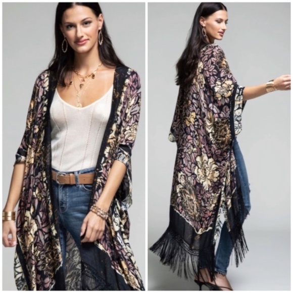 Tops - SOLD OUT Delphi Floral Motif Tassel Kimono Duster Full Long Maxi Length Coverup